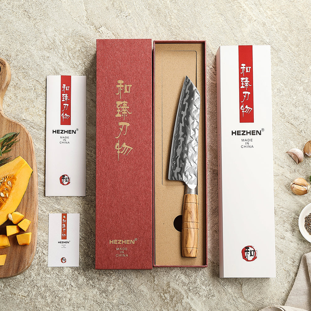HEZHEN Versatile 9‑Layer Damascus Santoku – 3‑Virtue Blade with Olive Wood Handle