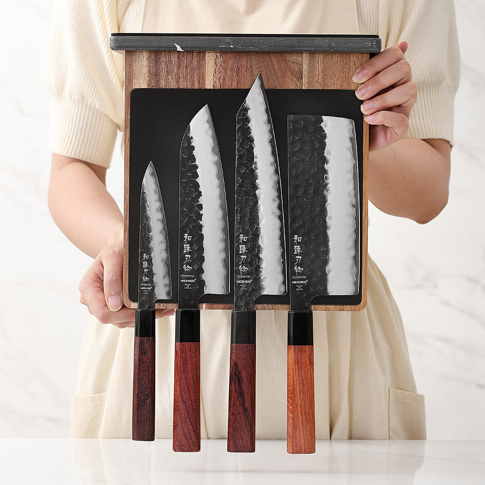 HEZHEN Dual-Side Magnetic Knife Holder with Leather Surfaces | Raw & Cooked Separation | Acacia Wood & Marble Base
