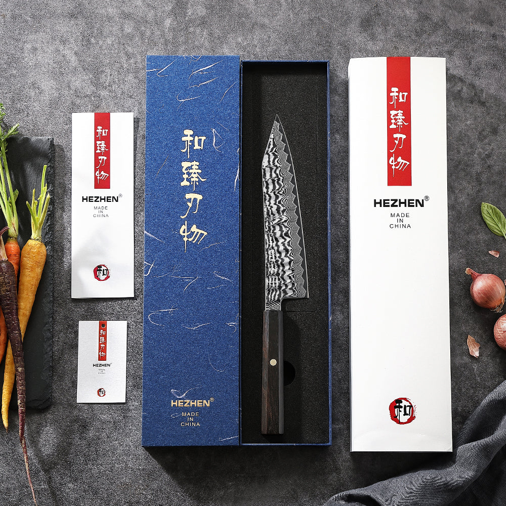 HEZHEN 8.3 Inch Forged Bunka Knife, Premium 67-Layer Damascus Steel Multipurpose Kitchen Knife, 10Cr15CoMoV Steel Core 60±2HRC Hardness