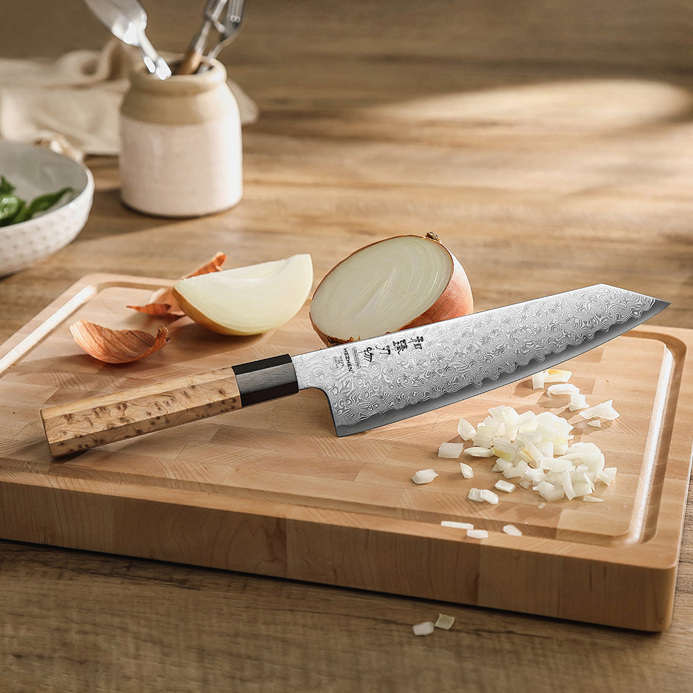 HEZHEN 8.5 Inches Bunka Knife, Blue Steel No.2 Carbon Steel Core Damascus Steel, Figured Sycamore Wood Handle