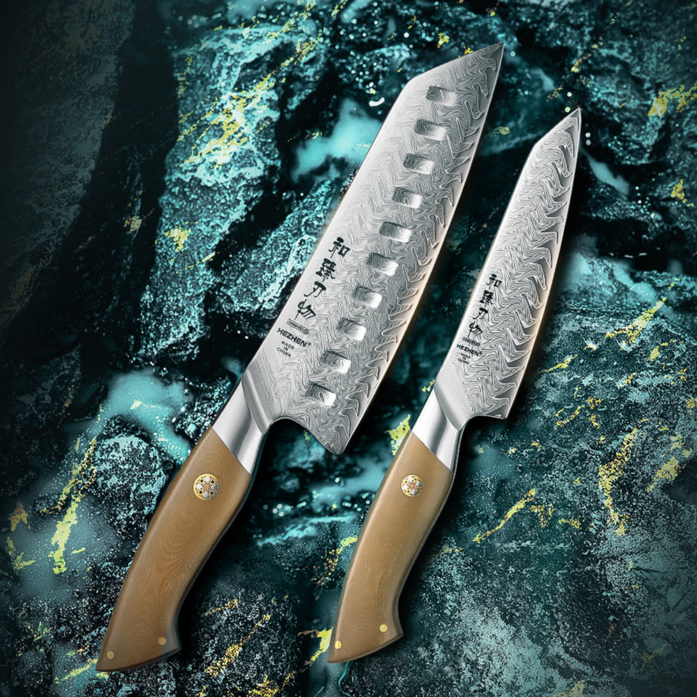 HEZHEN 2PCS Santoku & Utility Knife Set, 67-Layer Damascus Steel,High Hardness Steel Blade, Non-Slip Linen Micarta Handle, Multipurpose Precision Cutting Knives for Everyday Household Food Prep