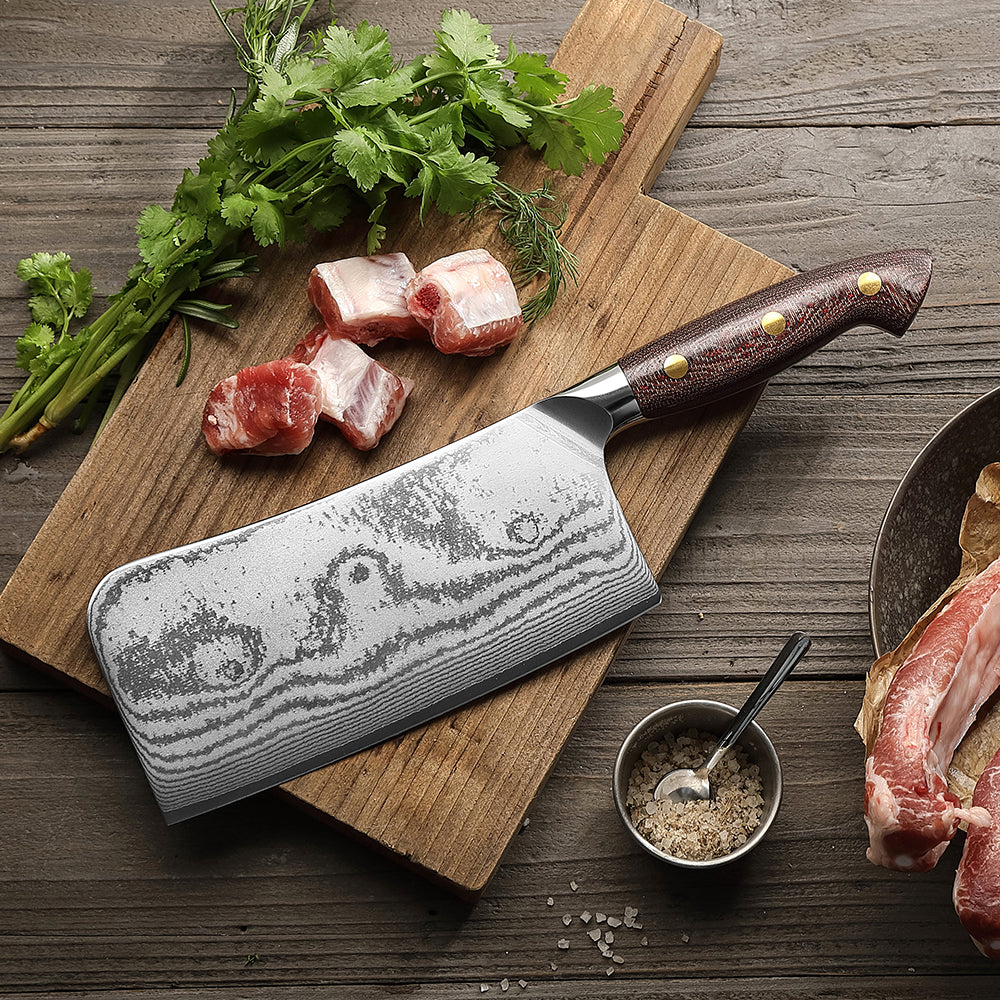 HEZHEN 6.9 Inches 67-Layer Damascus Bone Chopper – 7Cr17MoV Steel, Ergonomic Micarta Handle