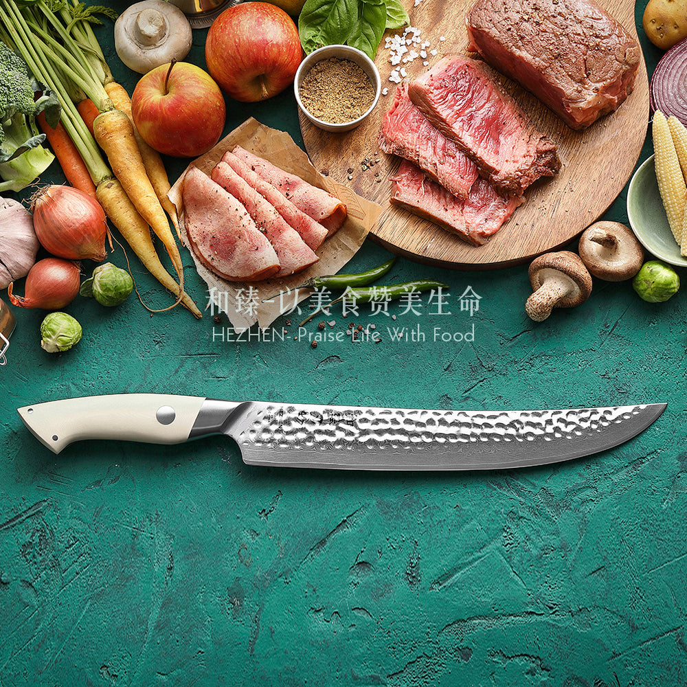 HEZHEN 10 Inches Carving Knife 67 Layers Forged Ivory White G10 Handle Perfect for Home Chefs & Gifting
