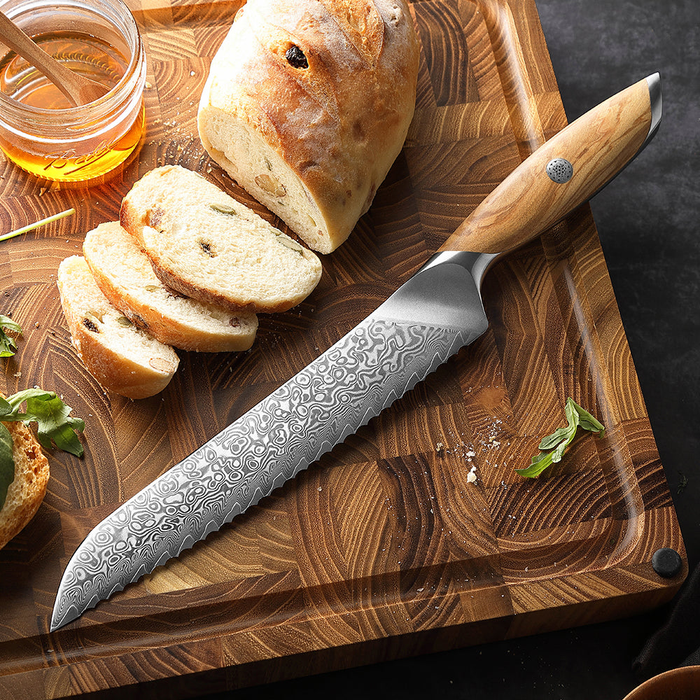 HEZHEN 8.5  Inches Serrated Bread Knife, 73 Layers Damascus Powder Steel, Olive Wood Handle, Gift Ready-Flagship Series