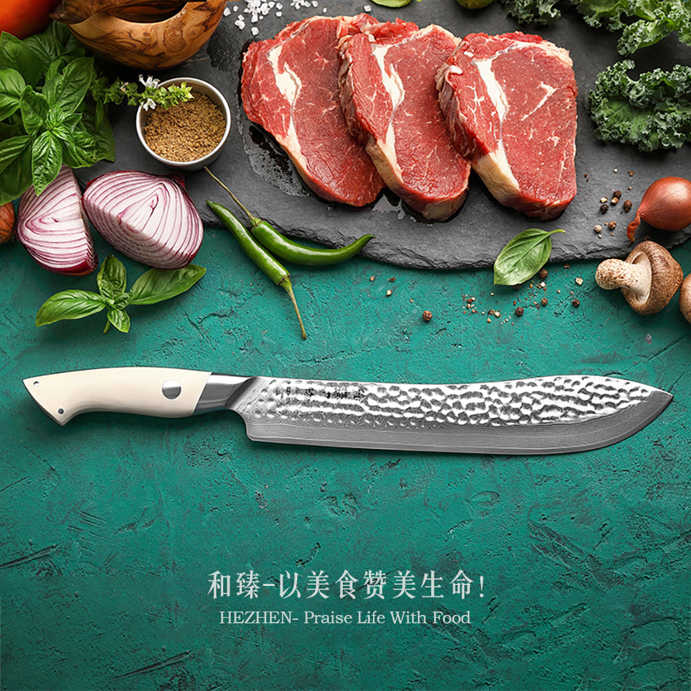 HEZHEN Damascus Steel 10” Butcher Knife 10Cr15CoMoV Steel Core Hammered Finish G10 Handle