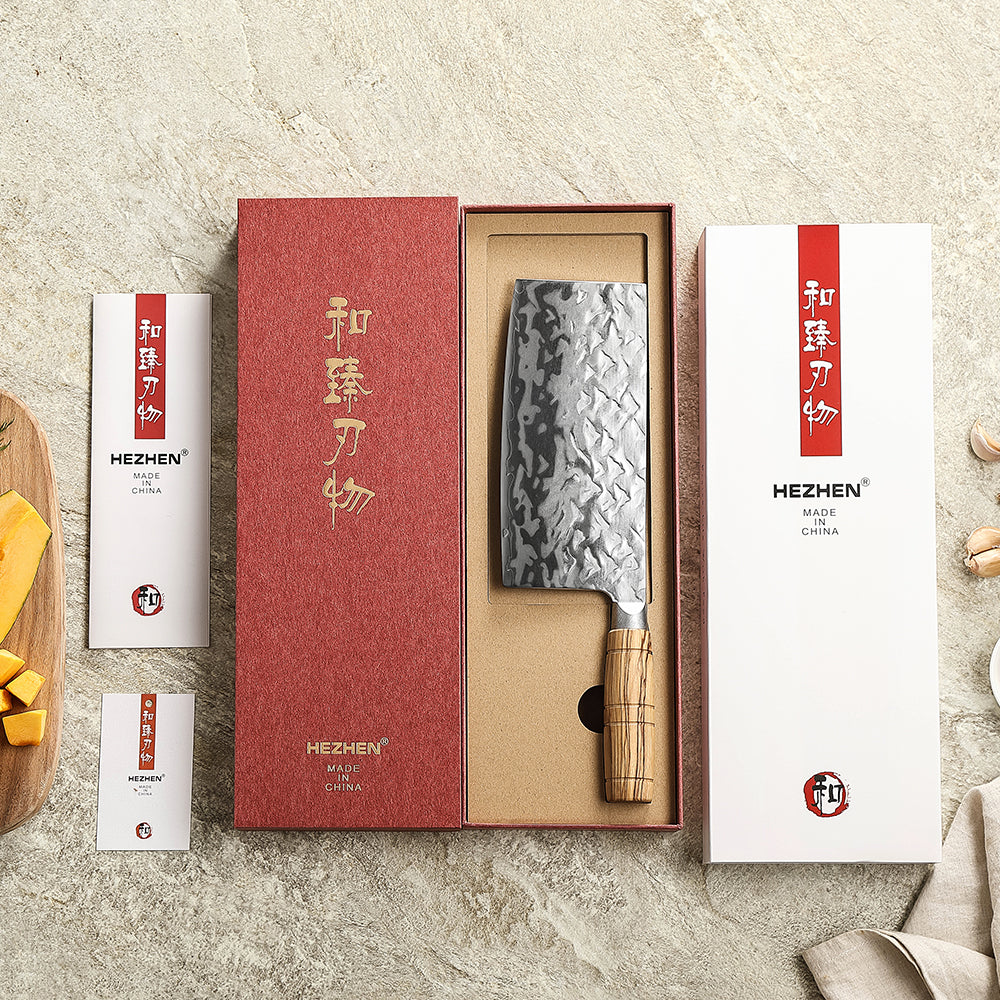 HEZHEN 7.1 Inches Cleaver Knife– 12Cr18MoV Steel Core With Olive Wood Grip Everyday Cooking Knife