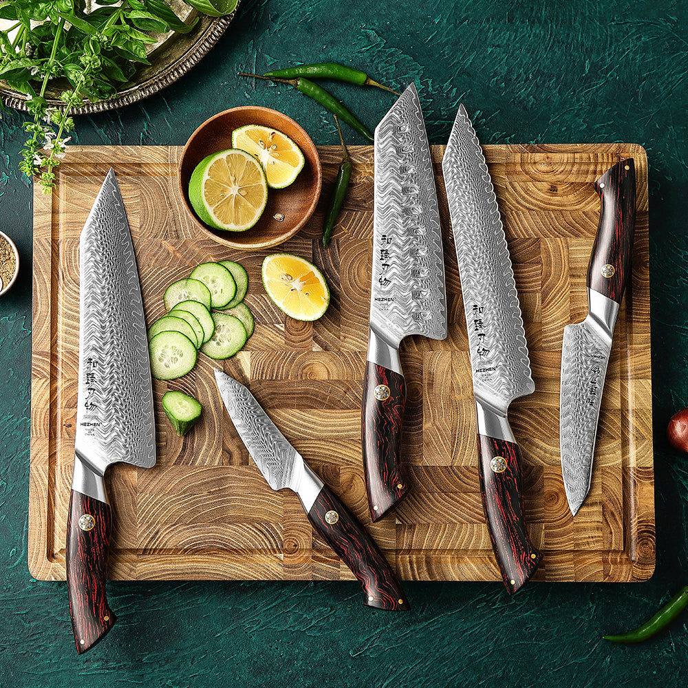 HEZHEN 5Pcs 73 Layers Damascus Steel Knife Elegant Pattern Series Set