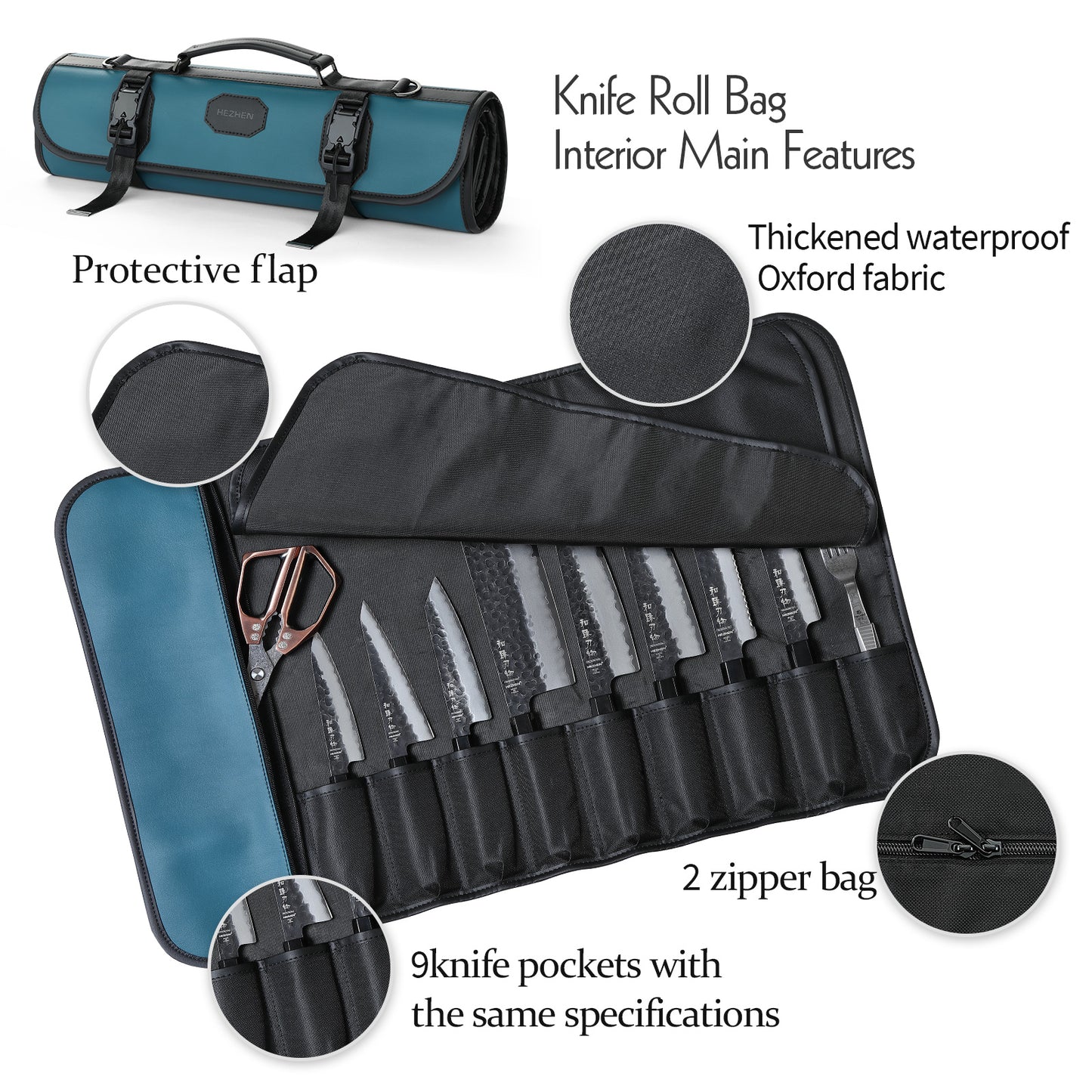 HEZHEN Custom Chef Knife Roll Bag,  Microfiber Leather & High-Molecular Cut-Resistant Fabric,Portable Durable Cooking Tools Storage Bag