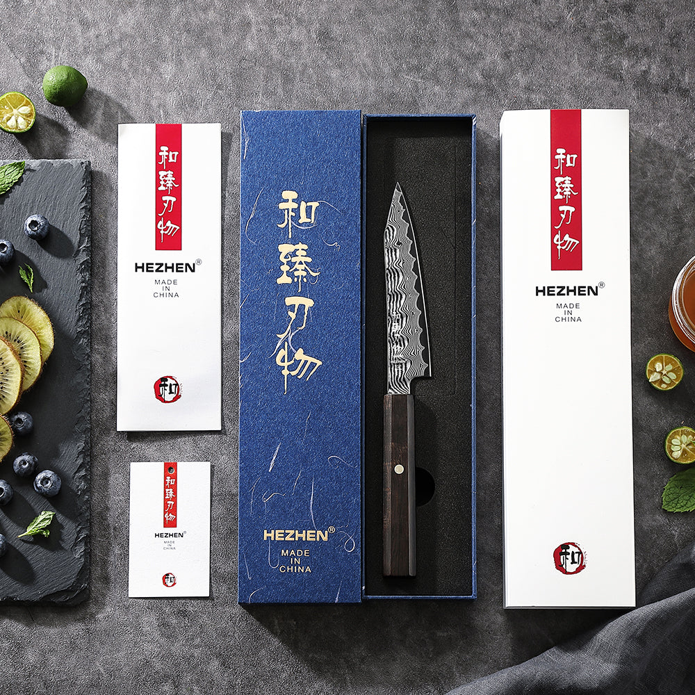 HEZHEN 5.2 Inch Kitchen Utility Knife, 67‑Layer Damascus Steel with 10Cr15CoMoV Steel Core, 60±2 HRC Hardness,