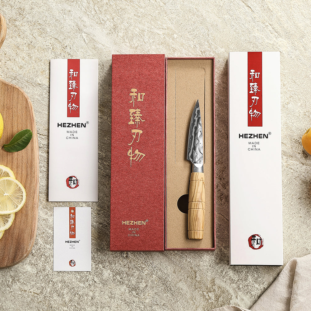 HEZHEN 9-Layer Forged Damascus Paring Knife, 12Cr18MoV Steel 60±2HRC Sharp Fruit Knife, Ergonomic Olive Wood Handle for Peeling & Slicing