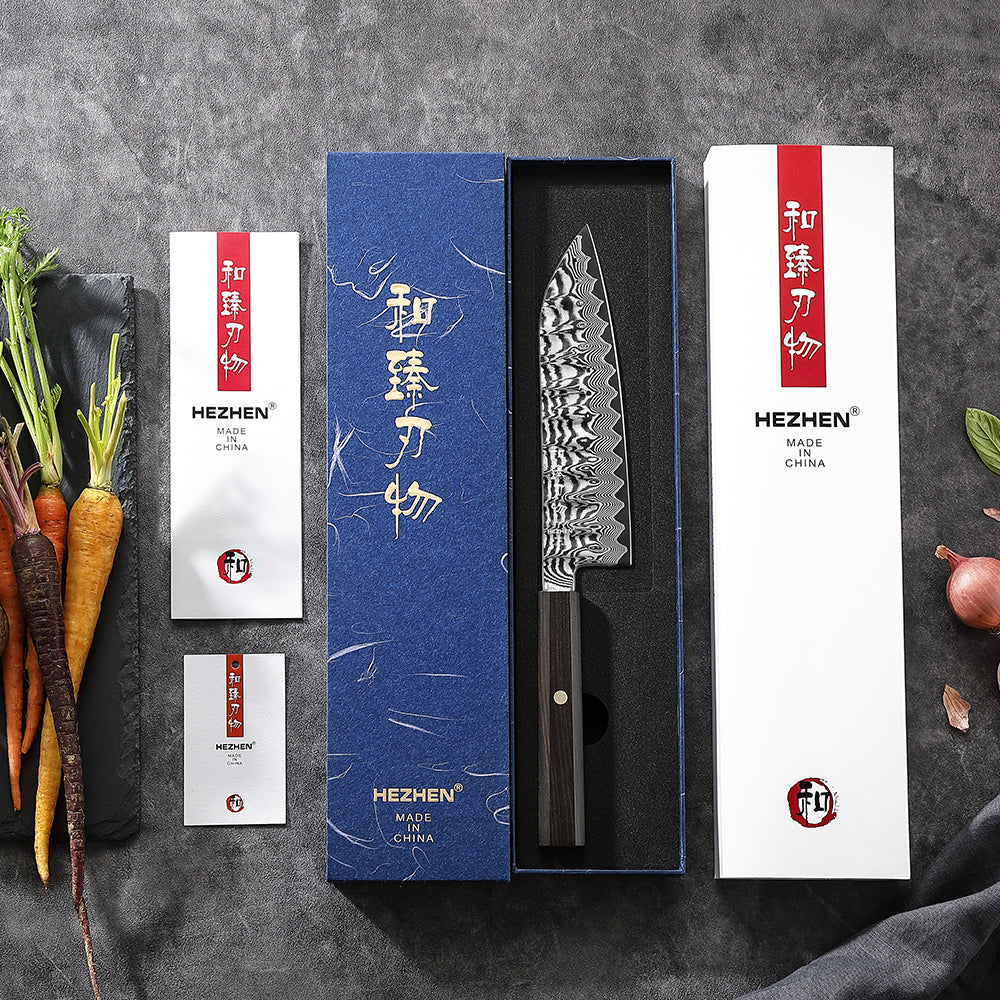 HEZHEN 7.3 Inch Multipurpose Santoku Knife, Hand Forged Damascus Kitchen Knife,15° Precision Edge, Ultra Sharp Balanced Cutting Knife
