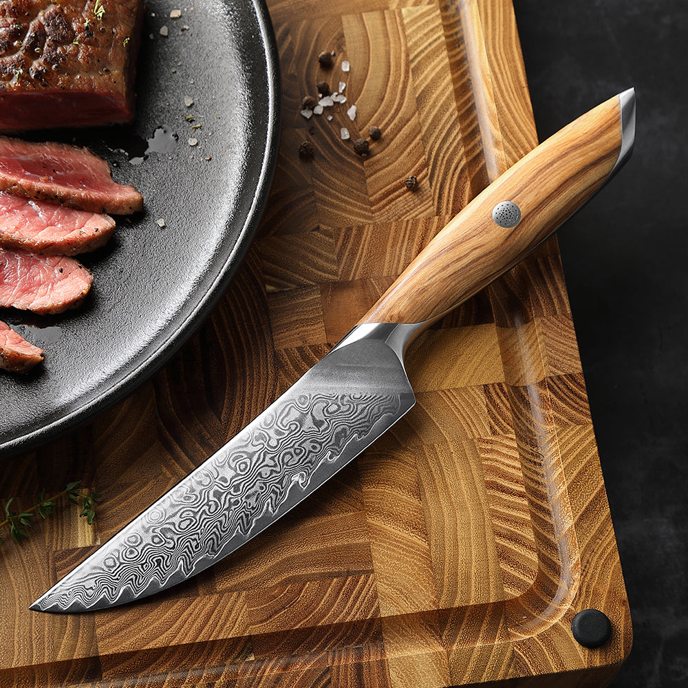 HEZHEN Premium 73-Layer Damascus Steel Steak Knife,ith Ergonomic Olive Wood Handle – Razor-Sharp 15° Edge