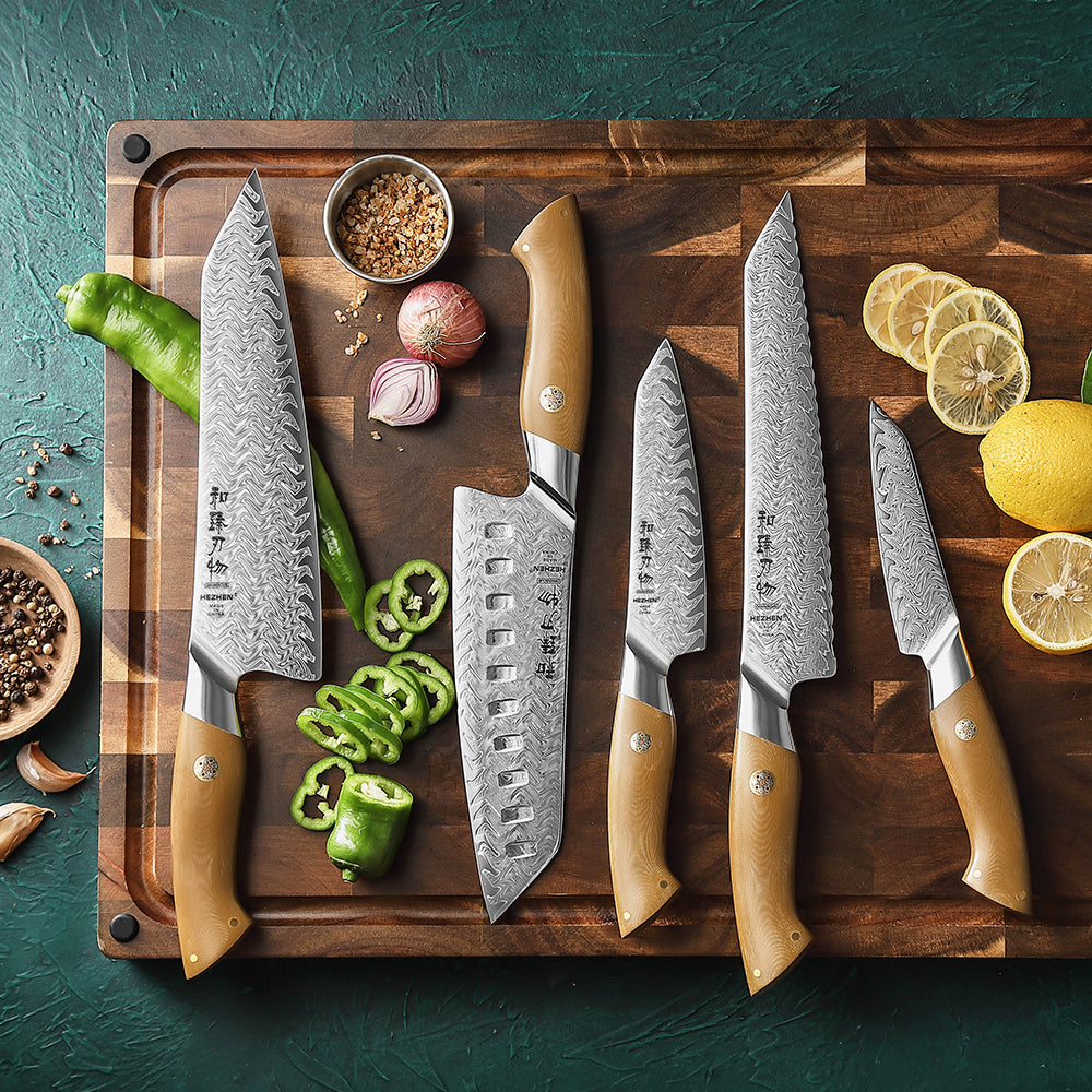 HEZHEN Multi-Scenario 5-in-1 Damascus Knife Set, 67 Layers Damascus Super Steel,Ultra-Sharp Forged Blade Knives for Meat, Vegetable, Fruit and Bread Cutting, Elegant Gift Box Packaging