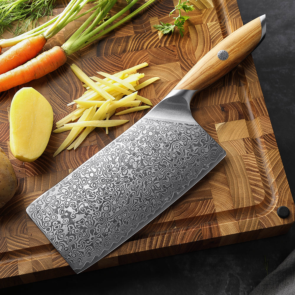 HEZHEN 7 Inches Meat Cleaver Knife, 73 Layers Damascus Powder Steel, Olive Wood Handle, Gift Ready-Flagship Series