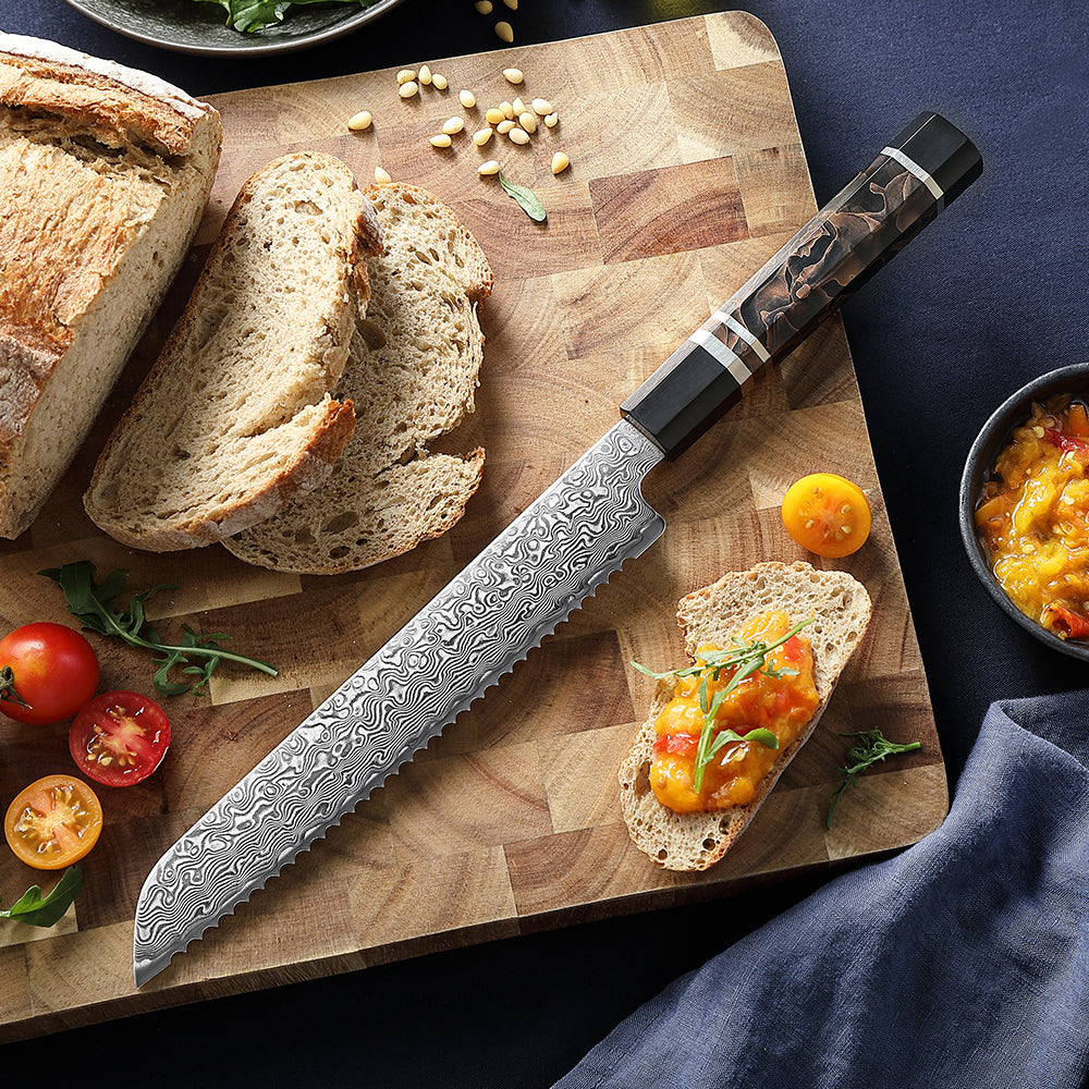 HEZHEN 8.3 Inch Serrated Bread Knife 49-Layer Hitachi ZDP-189 Damascus Steel, Japanese Octagonal Ergonomic Resin Handle