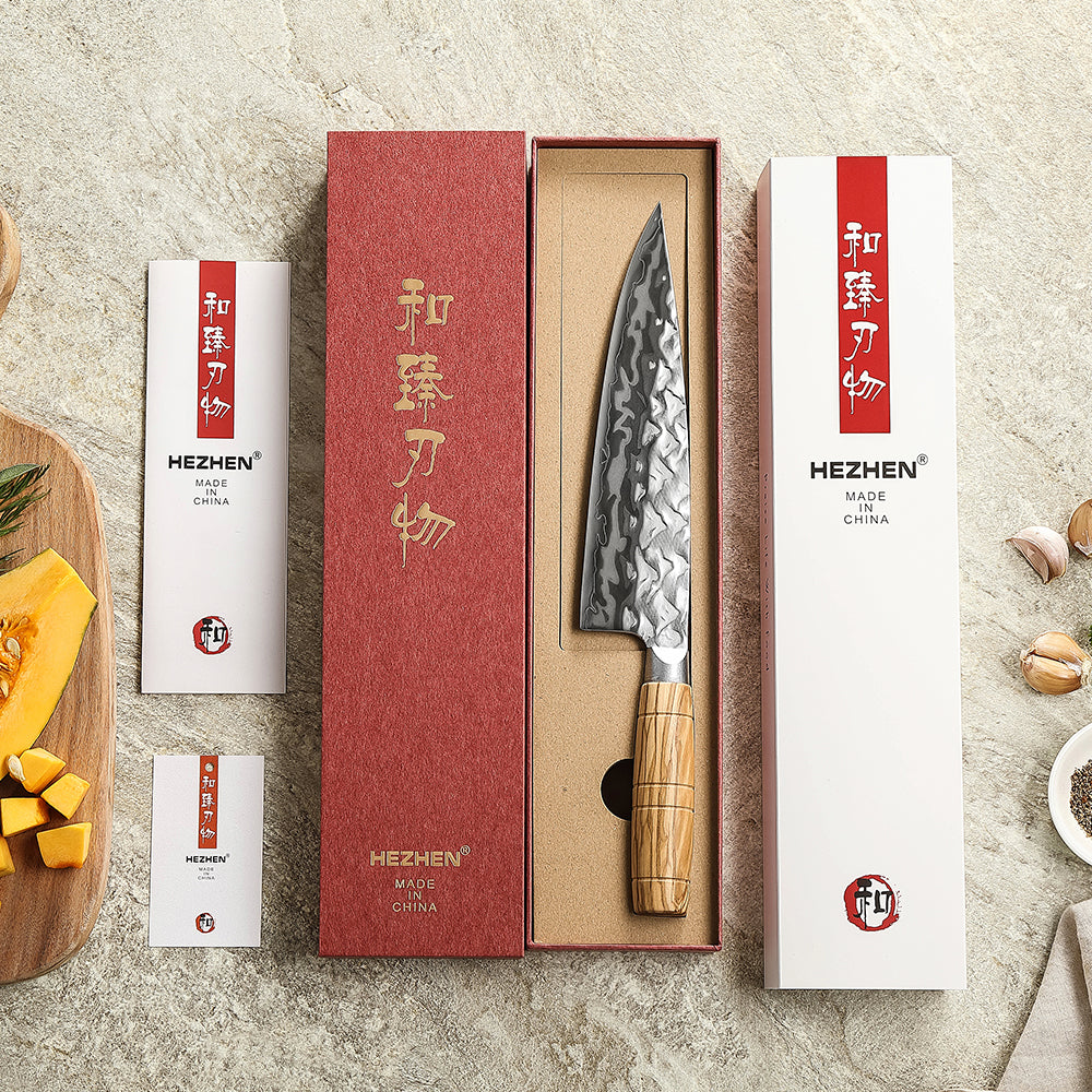 HEZHEN Premium 9‑Layer Damascus Chef‘s Knife – 12Cr18MoV Core, Olive Wood Handle & Ergonomic Relief