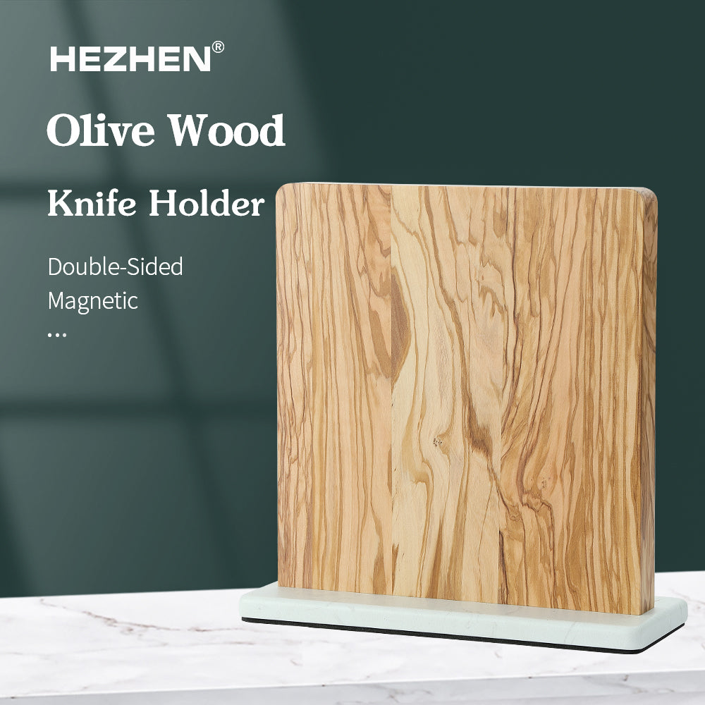 HEZHEN Dual-Side Magnetic Knife Holder | Olive Wood & Marble Base | Raw & Cooked Separation Design