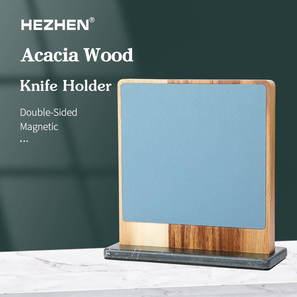 HEZHEN Dual-Side Magnetic Knife Holder with Leather Surfaces | Raw & Cooked Separation | Acacia Wood & Marble Base