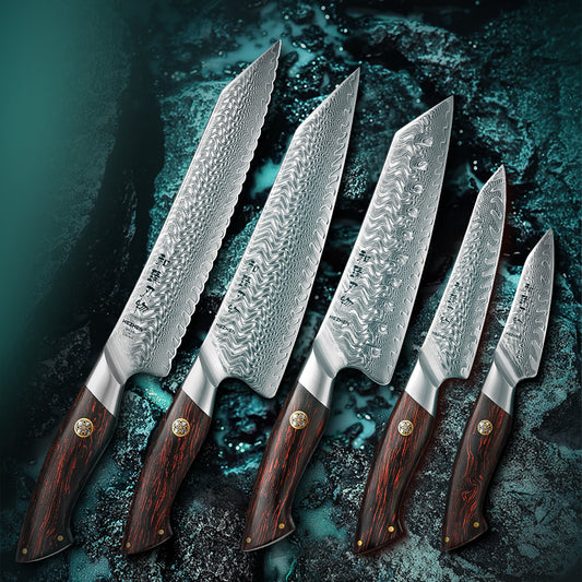 HEZHEN 5Pcs 73 Layers Damascus Steel Knife Elegant Pattern Series Set