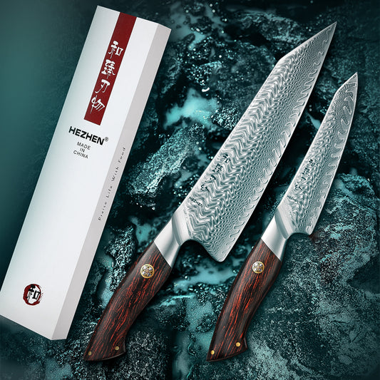 HEZHEN 2Pcs 73 Layers Damascus Steel Knife Elegant Pattern Series Set