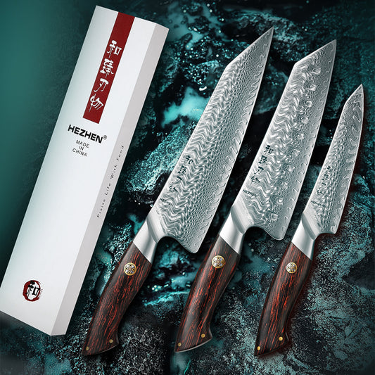 HEZHEN 3Pcs 73 Layers Damascus Steel Knife Elegant Pattern Series Set