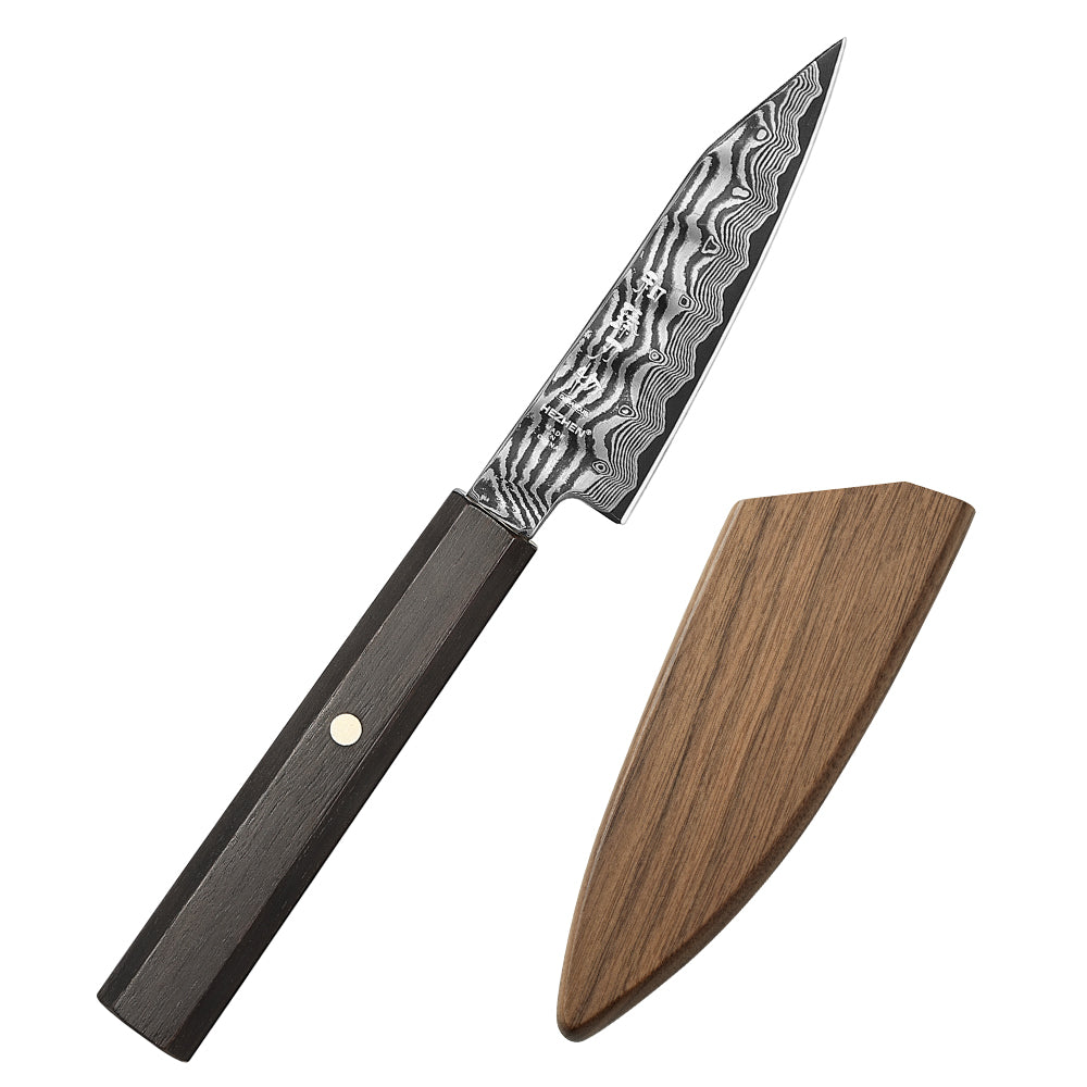 HEZHEN 4.1 Inch Damascus Paring Knife, 67-Layer Damascus Steel, Hand Forged Kitchen Fruit Knife, Ebony Wood Octagonal Ergonomic Handle