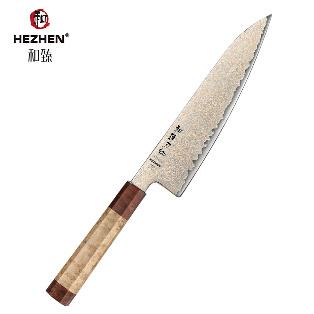 HEZHEN Chef Knife, 37 Tricolor Copper Damascus Steel Kitchen Knife, Professional Cooking Knife with Figured Sycamore Wood + Padauk Burl Wood