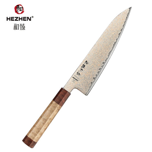 HEZHEN Chef Knife, 37 Tricolor Copper Damascus Steel Kitchen Knife, Professional Cooking Knife with Figured Sycamore Wood + Padauk Burl Wood