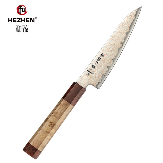 HEZHEN 5.5 Inch Kitchen Utility Knife, 37 Tricolor Copper Damascus Steel Kitchen Knife with Figured Sycamore Wood + Padauk Burl Wood