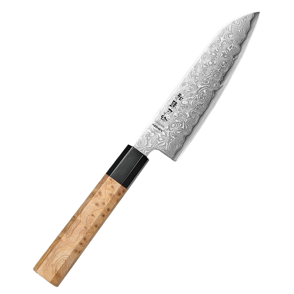HEZHEN 5.5 Inch Japanese Santoku Knife, Blue Steel No.2 Carbon Steel Core Damascus Blade, Figured Sycamore Wood Handle