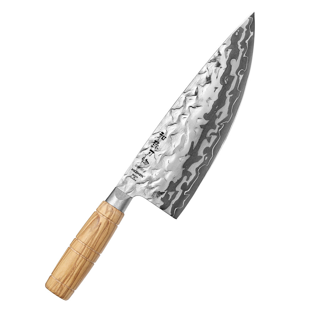 HEZHEN 8.1 Inches Butcher Knife Forged 12Cr18MoV Steel Core,Damascus Steel Blade,Ergonomic Olive Wood Handle,High Hardness Sharp Meat Cutting Knife