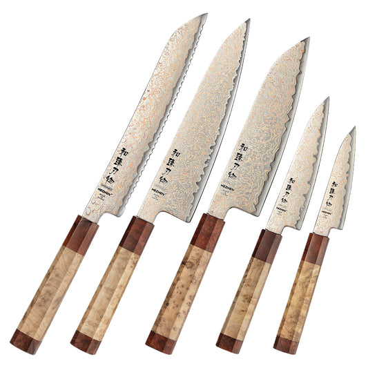 HEZHEN 5 Piece Copper Damascus Steel Chef Knife Set, 37 Tricolor Copper Damascus Steel  Kitchen Knife Set with Figured Sycamore Wood + Padauk Burl Wood