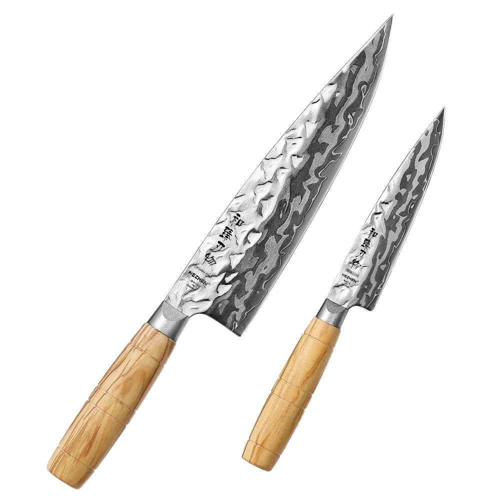 HEZHNE 2PCS Damascus Kitchen Knife Set, 9-Layer Forged 12Cr18MoV Steel Core Ultra Sharp Chef & Utility Knife, 60±2HRC Ergonomic Olive Wood Handle