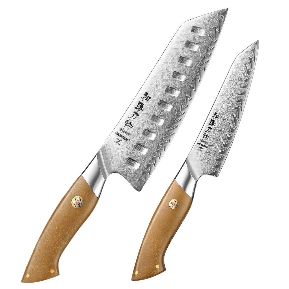 HEZHEN 2PCS Santoku & Utility Knife Set, 67-Layer Damascus Steel,High Hardness Steel Blade, Non-Slip Linen Micarta Handle, Multipurpose Precision Cutting Knives for Everyday Household Food Prep