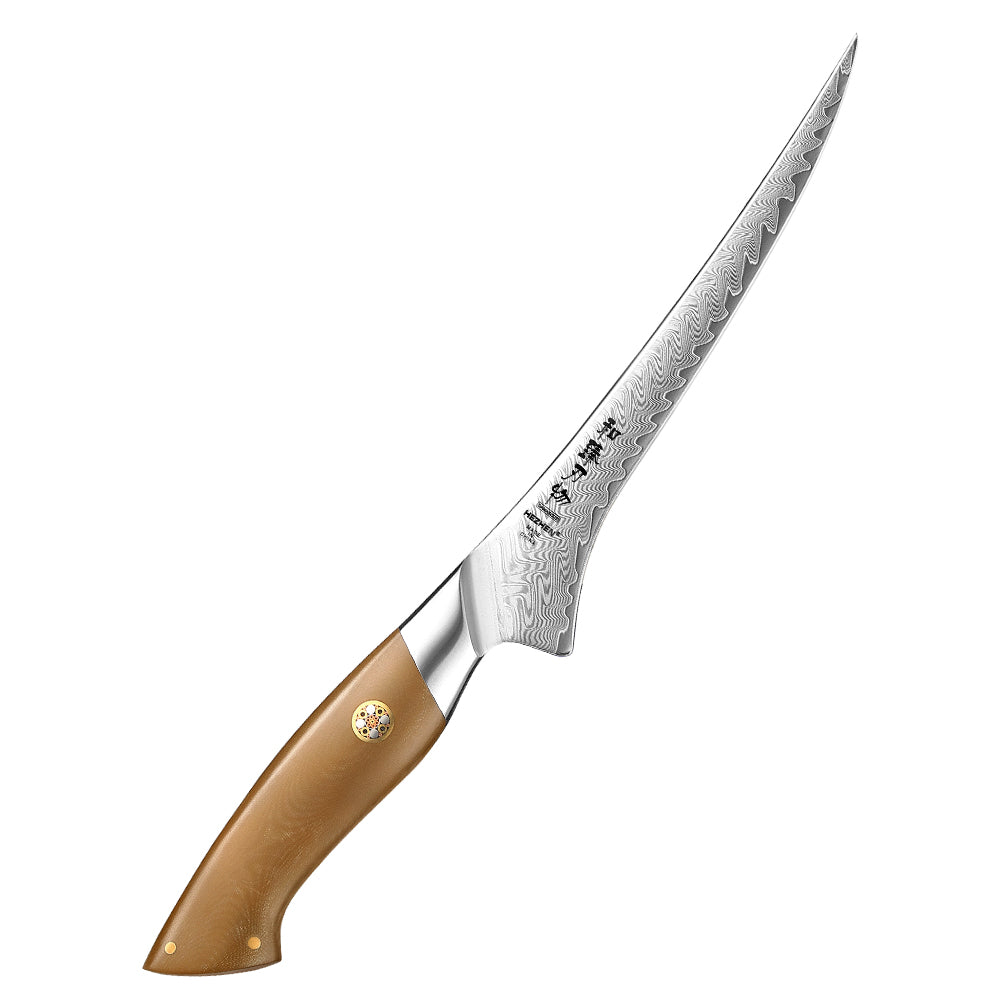 HEZHEN 7.3” 67-layers Damascus Steel Fillet Knife, Hardness 60±2 HRC，Fish Deboning Knife, 15° Precision Edge Linen Micarta Handle Kitchen Knife for Fish Filleting, Peeling and Fruit Cutting