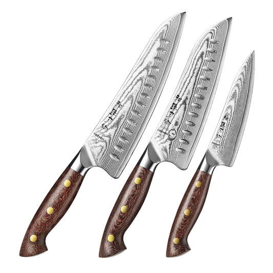 HEZHEN 3PCS Kitchen Knife Set 67-layers Damascus Super Steel,Utility+Santoku+Chef Knife,Hardness 60±2HRC,Ergonomic Micarta Handle