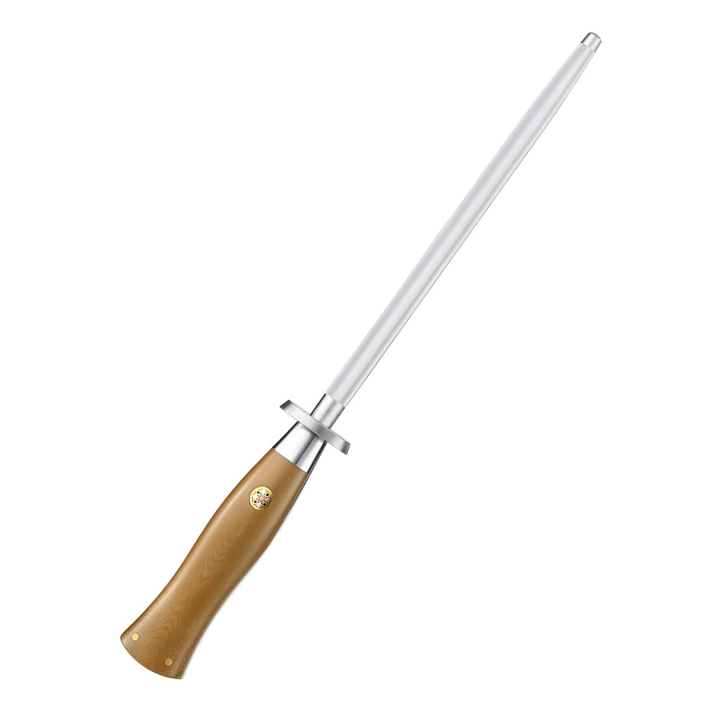 HEZHEN Professional High Carbon Steel Chrome Plated Sharpening Rod with Linen Micarta Ergonomic Handle, Kitchen Knife Honing Steel for Home & Chef Use