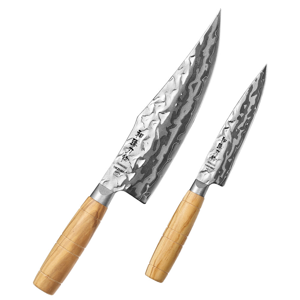 HEZHEN 2PCS Kitchen Knife Set, 9-Layer Forged Damascus Steel,W Chef & Utility Knife, 60±2HRC Ultra Sharp Blade