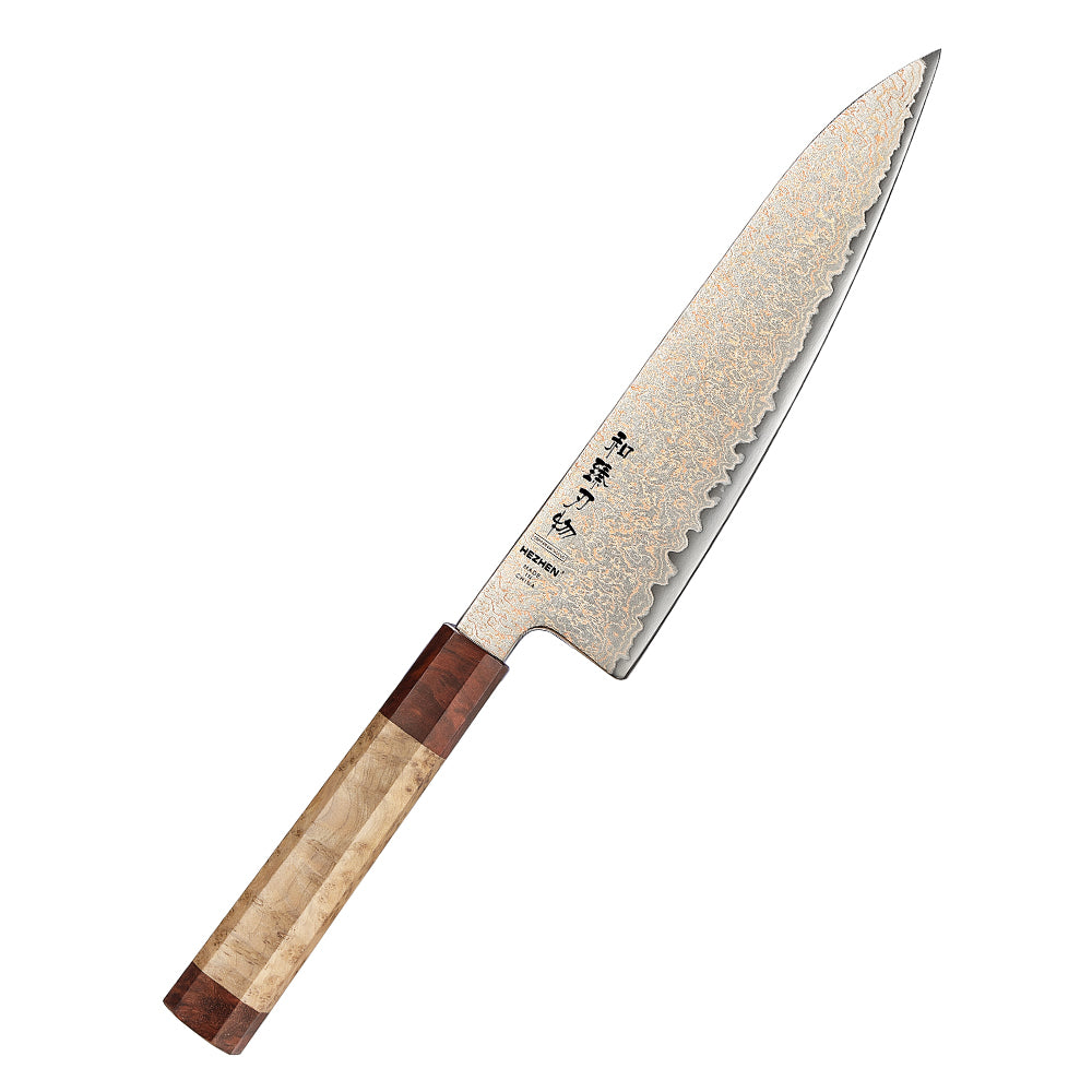 HEZHEN Chef Knife, 37 Tricolor Copper Damascus Steel Kitchen Knife, Professional Cooking Knife with Figured Sycamore Wood + Padauk Burl Wood
