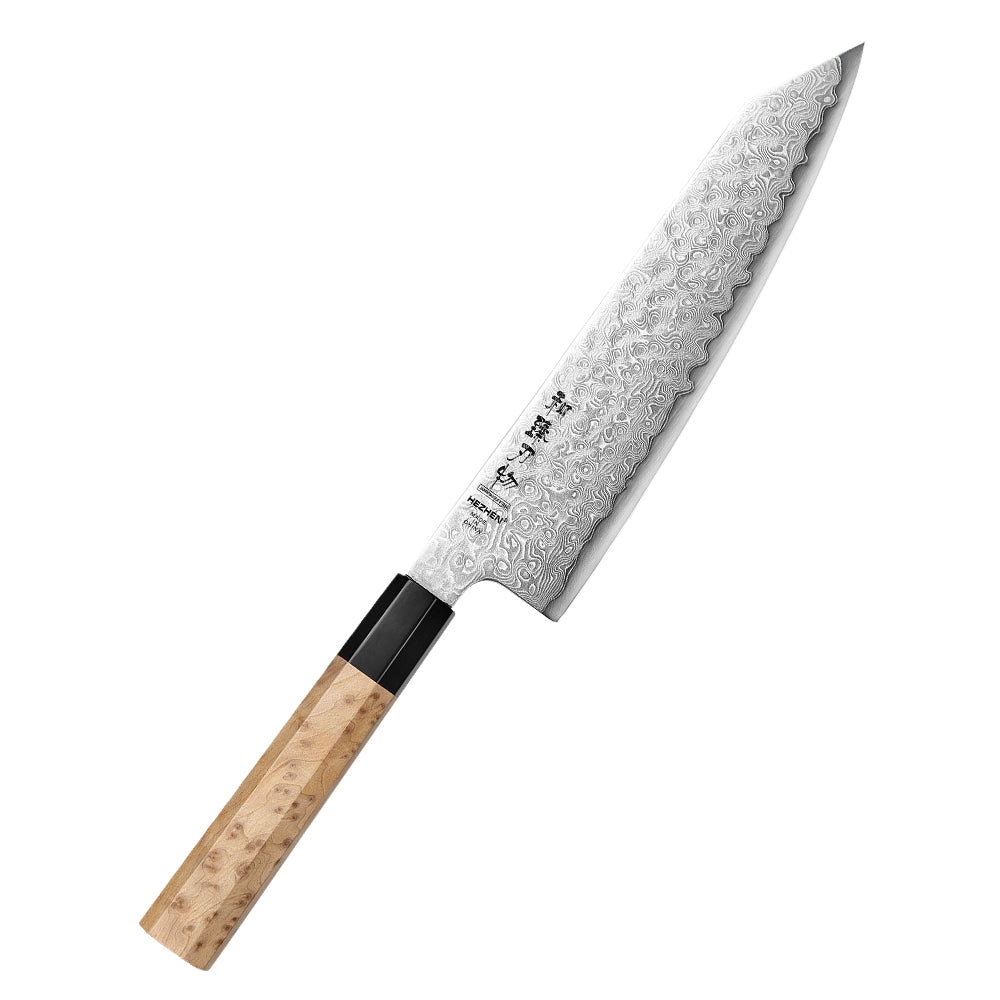HEZHEN 8.5 Inches Bunka Knife, Blue Steel No.2 Carbon Steel Core Damascus Steel, Figured Sycamore Wood Handle