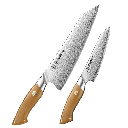 HEZHEN 2 Piece Damascus Kitchen Knife Set, 67-Layer 10Cr15CoMoV Steel Core,Chef Knife & Utility Knife Combo, Linen Micarta Handle for Meat Vegetable Fruit Prep