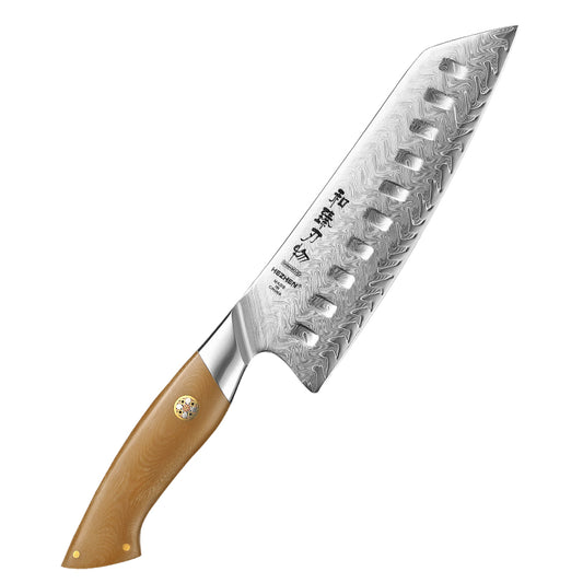 HEZHEN 7.4 Inches Santoku Knife, 67 Layers Damascus Steel with Linen Micarta Handle, Gift Box Package- B38L Series
