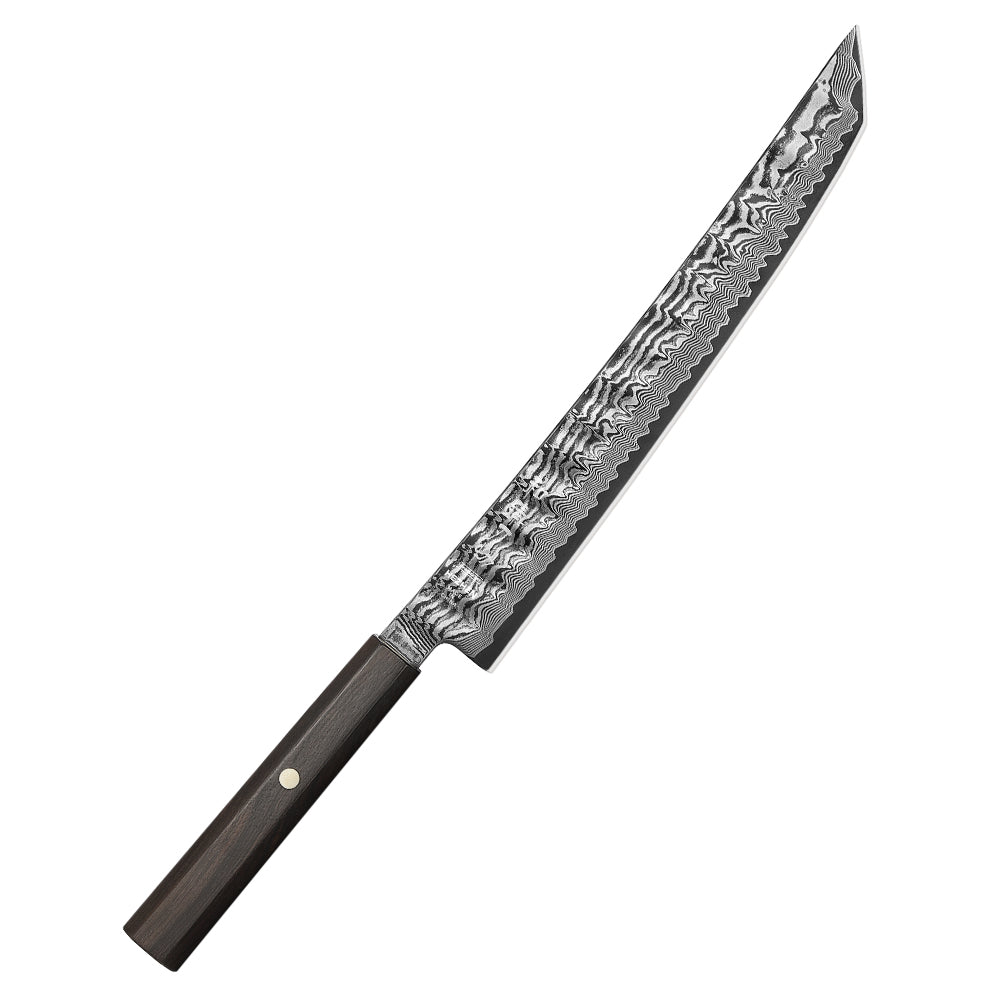 HEZHEN 10 Inch Japanese Sakimaru Knife, 67-layers Damascus Steel, Ergonomic Ebony Wood Handle, Smooth Precision Slicing Kitchen Knife