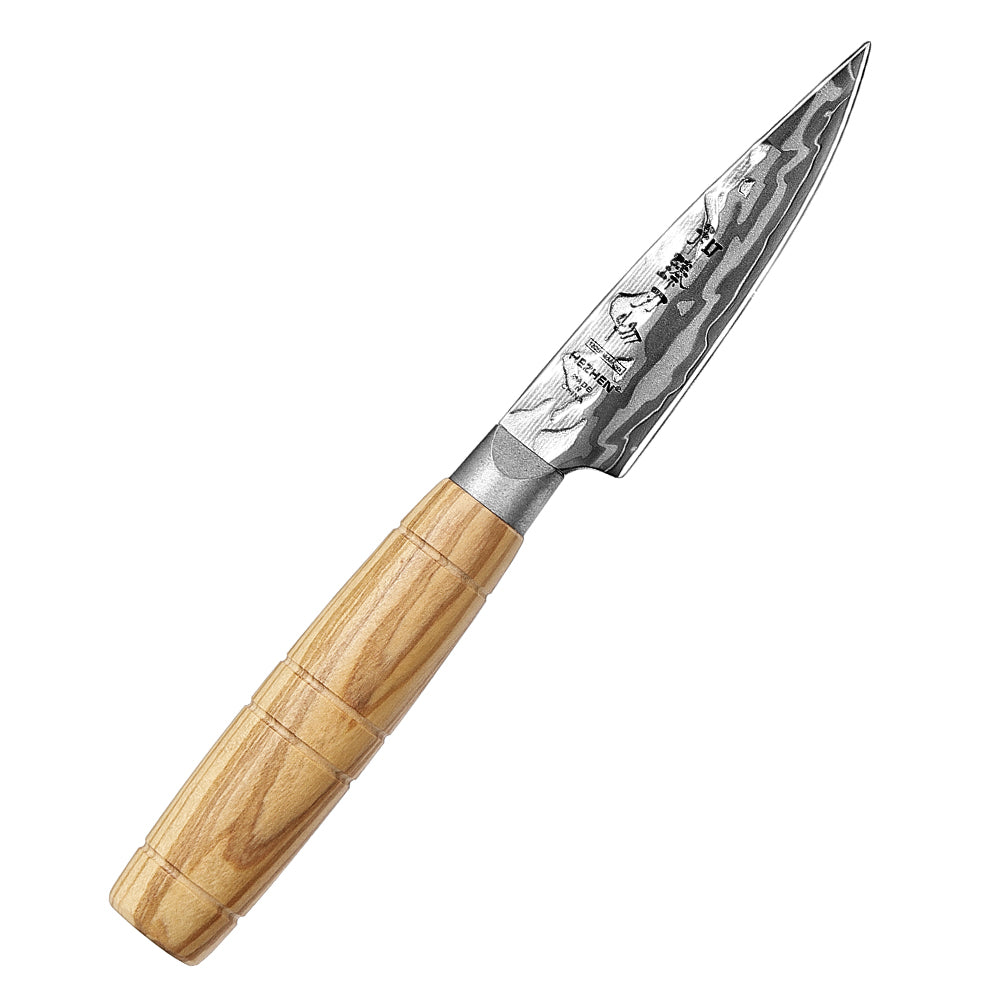 HEZHEN 9-Layer Forged Damascus Paring Knife, 12Cr18MoV Steel 60±2HRC Sharp Fruit Knife, Ergonomic Olive Wood Handle for Peeling & Slicing