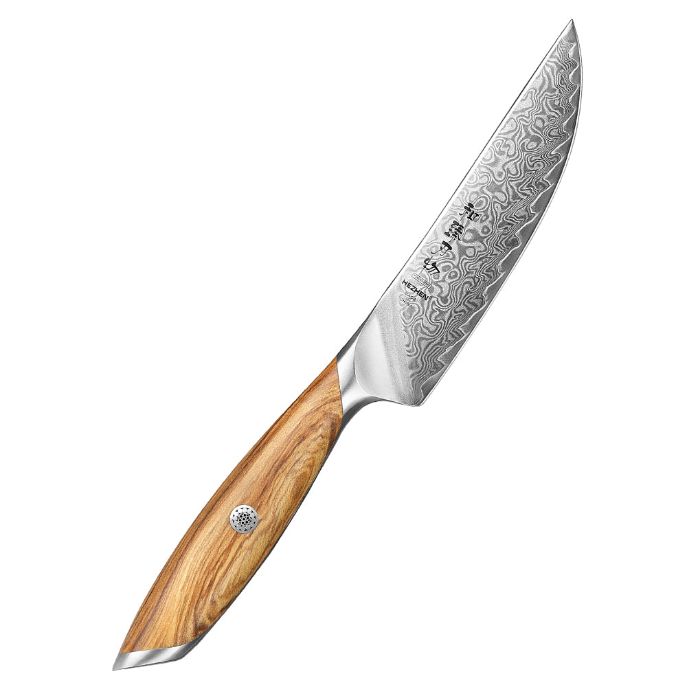 HEZHEN Premium 73-Layer Damascus Steel Steak Knife,ith Ergonomic Olive Wood Handle – Razor-Sharp 15° Edge
