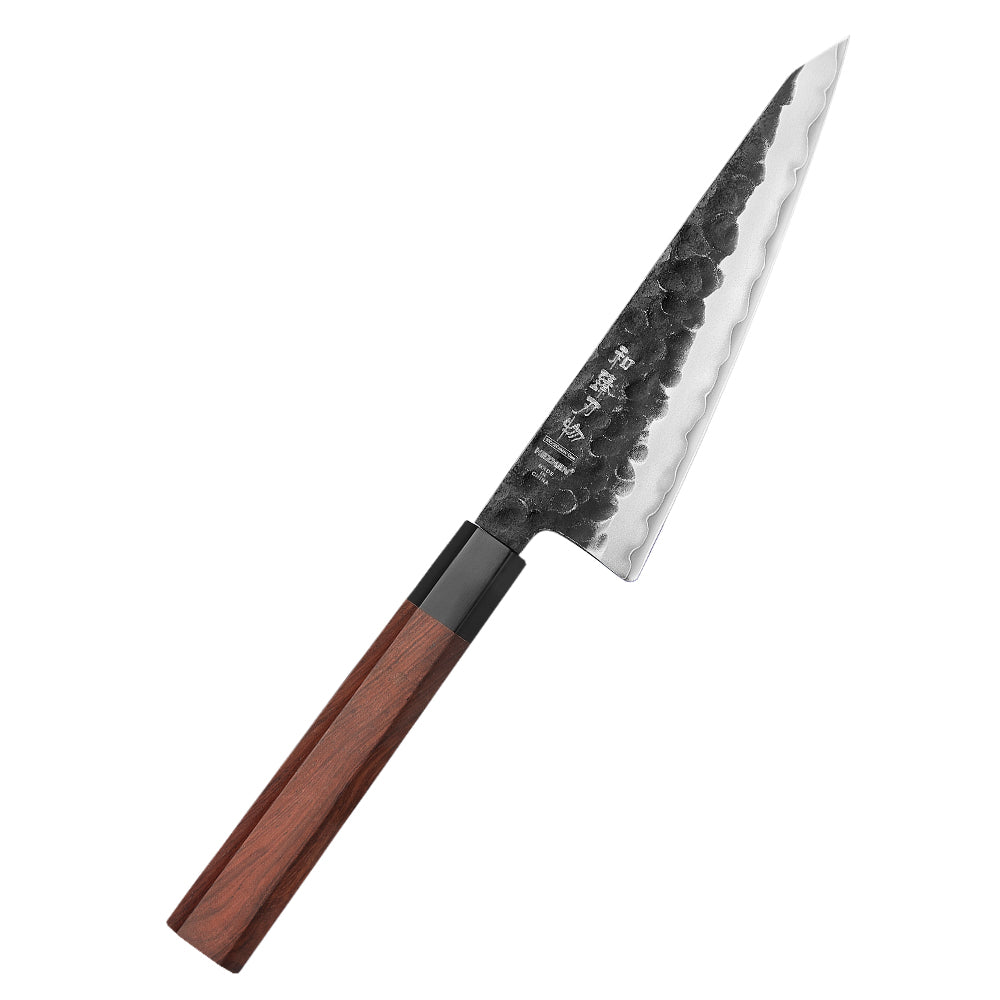 HEZHEN 6 Inches Multipurpose Knife,3 Layers Composite Steel,Stone Washed Frosted Finish,Octagonal Red Wood Handle
