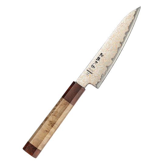 HEZHEN 5.5 Inch Kitchen Utility Knife, 37 Tricolor Copper Damascus Steel Kitchen Knife with Figured Sycamore Wood + Padauk Burl Wood