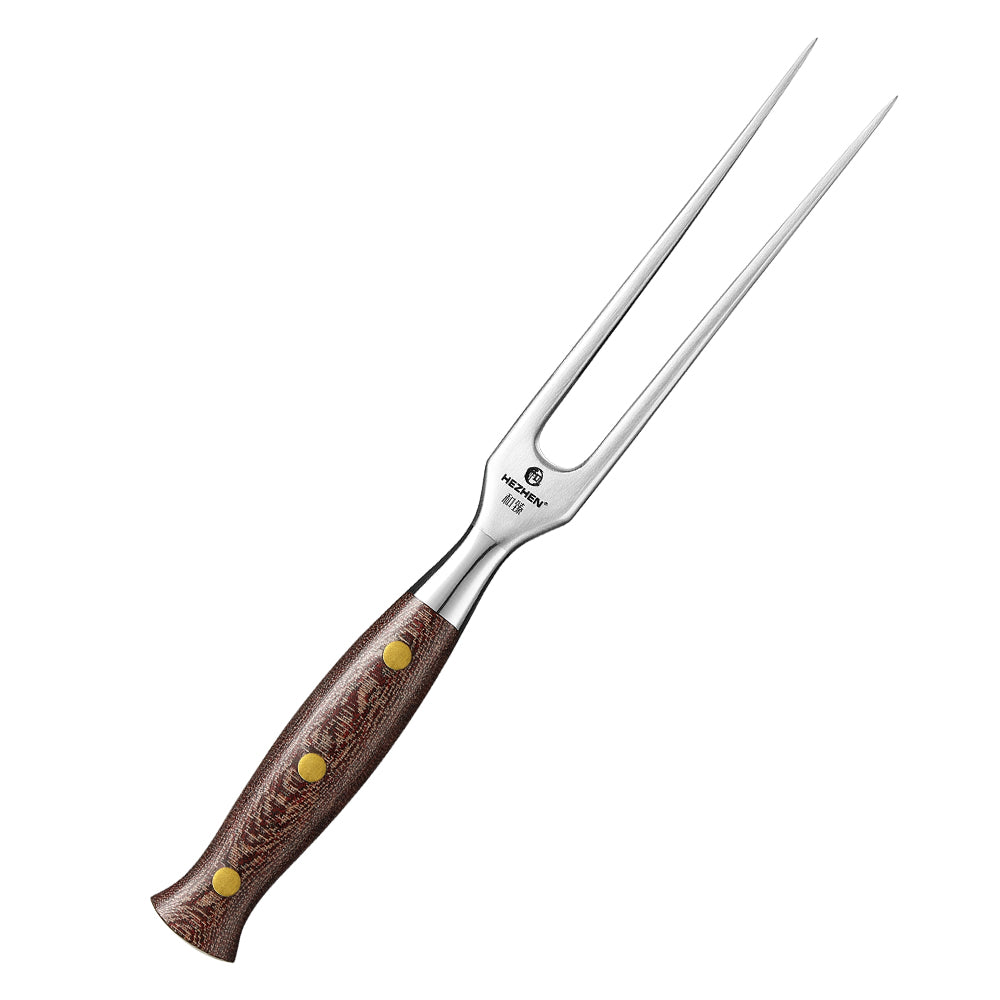 HEZHEN Forged Stainless Steel Carving Fork, Solid 430 Steel Meat Fork with Micarta Handle & Copper Rivets for Turkey Roast & Ham Slicing