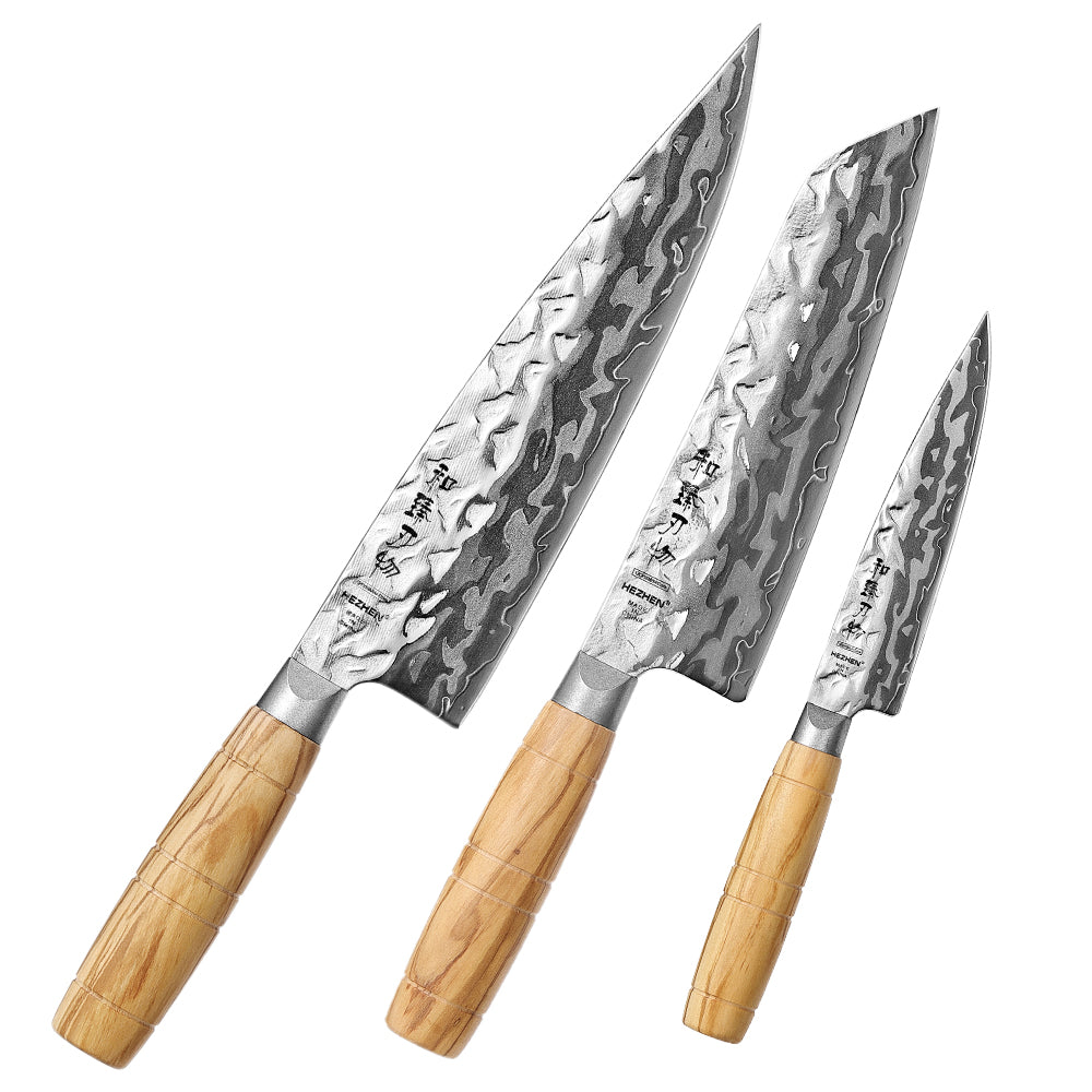 HEZHEN 3PCS Kitchen Knife Set, 9-Layer Damacus Steel Chef Santoku Utility Knife, Wooden Handle Design,Kitchen Cooking Knives