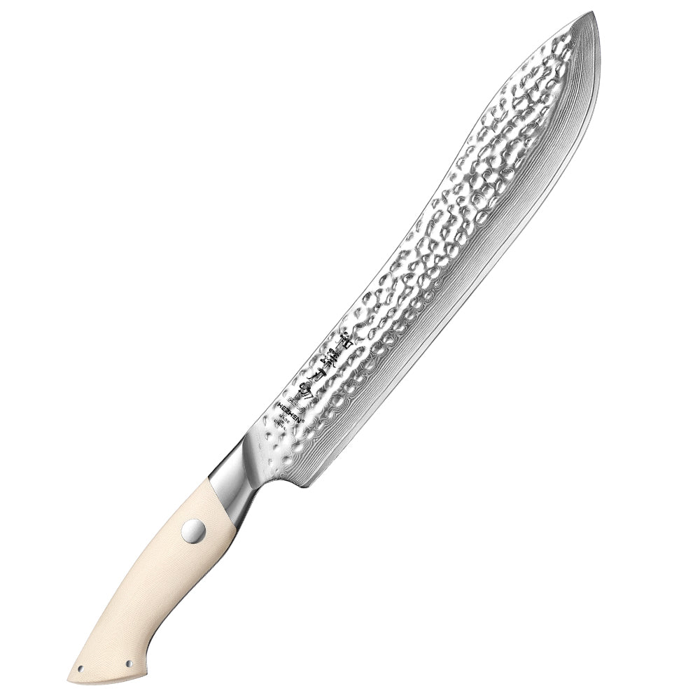 HEZHEN Damascus Steel 10” Butcher Knife 10Cr15CoMoV Steel Core Hammered Finish G10 Handle